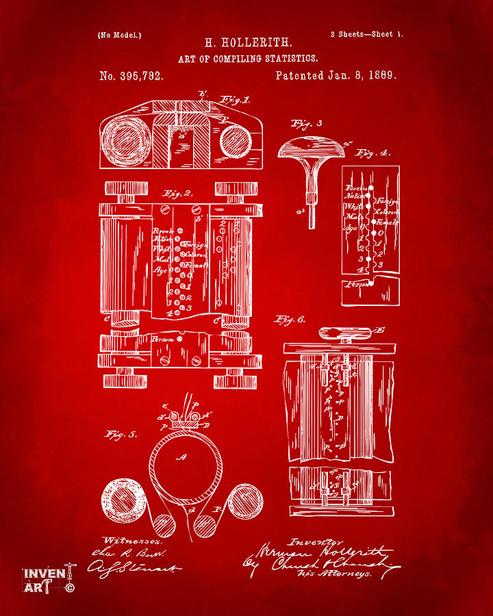 1889 First Computer Patent Red Digital Art by Nikki Marie Smith