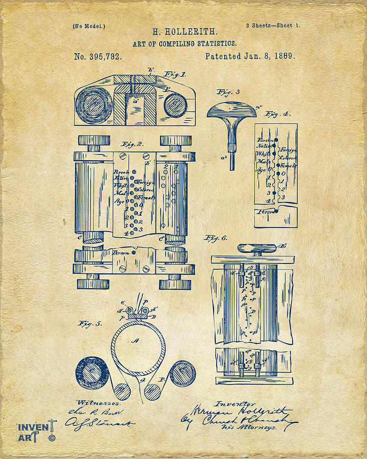 Vintage Digital Art - 1889 First Computer Patent Vintage by Nikki Marie Smith