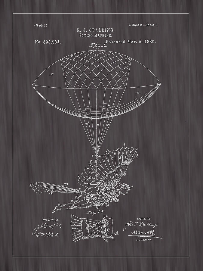 1889 Spalding Flying Machine Patent Art-Black Woodgrain Photograph by Barry Jones
