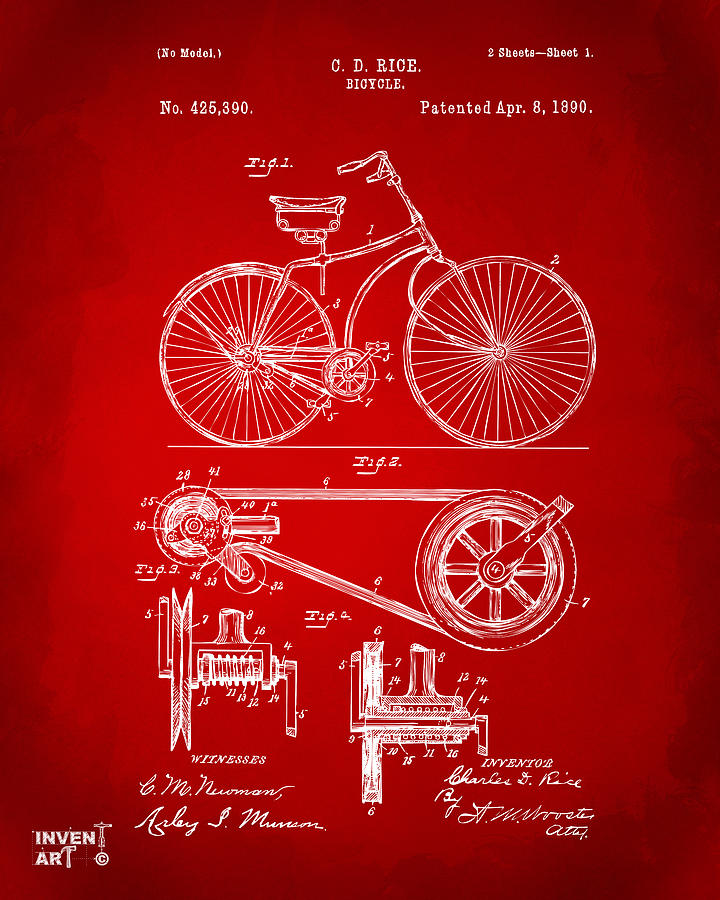 1890 Bicycle Patent Artwork - Red Digital Art by Nikki Marie Smith