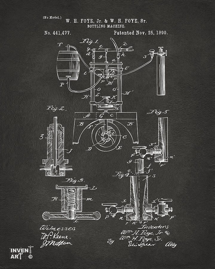 Beer Digital Art - 1890 Bottling Machine Patent Artwork Gray by Nikki Marie Smith