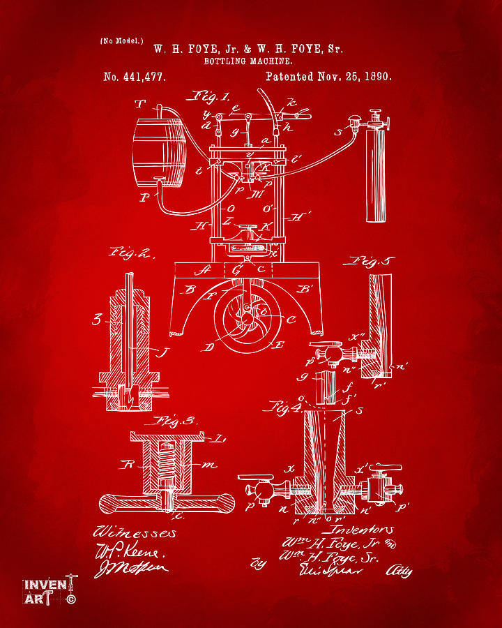 Beer Digital Art - 1890 Bottling Machine Patent Artwork Red by Nikki Marie Smith