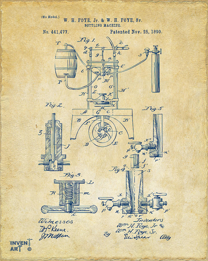 Beer Digital Art - 1890 Bottling Machine Patent Artwork Vintage by Nikki Marie Smith