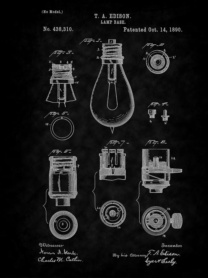 Unique Digital Art - 1890 Edison Lamp Base Patent Art-BK by Barry Jones