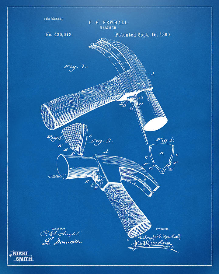 1890 Hammer Patent Artwork - Blueprint Digital Art by Nikki Marie Smith