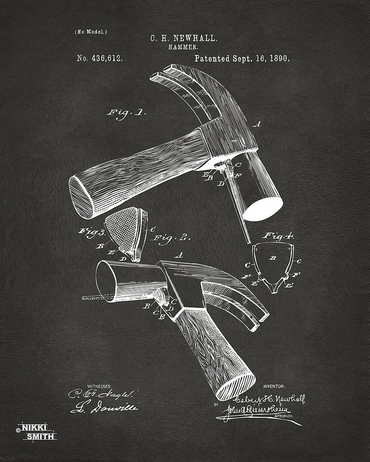 Hammer Digital Art - 1890 Hammer Patent Artwork - Gray by Nikki Marie Smith