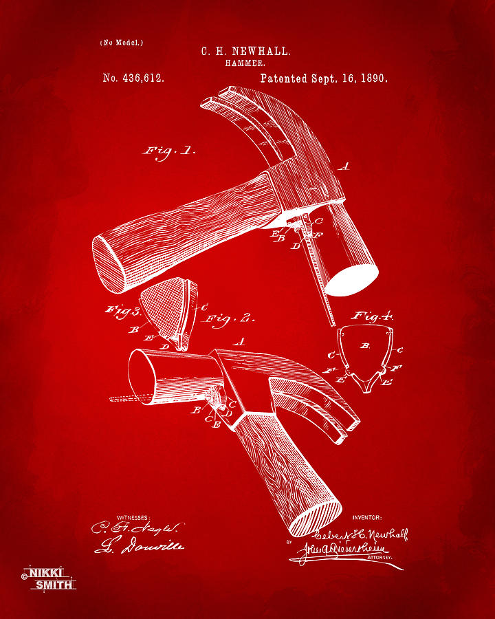 1890 Hammer Patent Artwork - Red Digital Art by Nikki Marie Smith