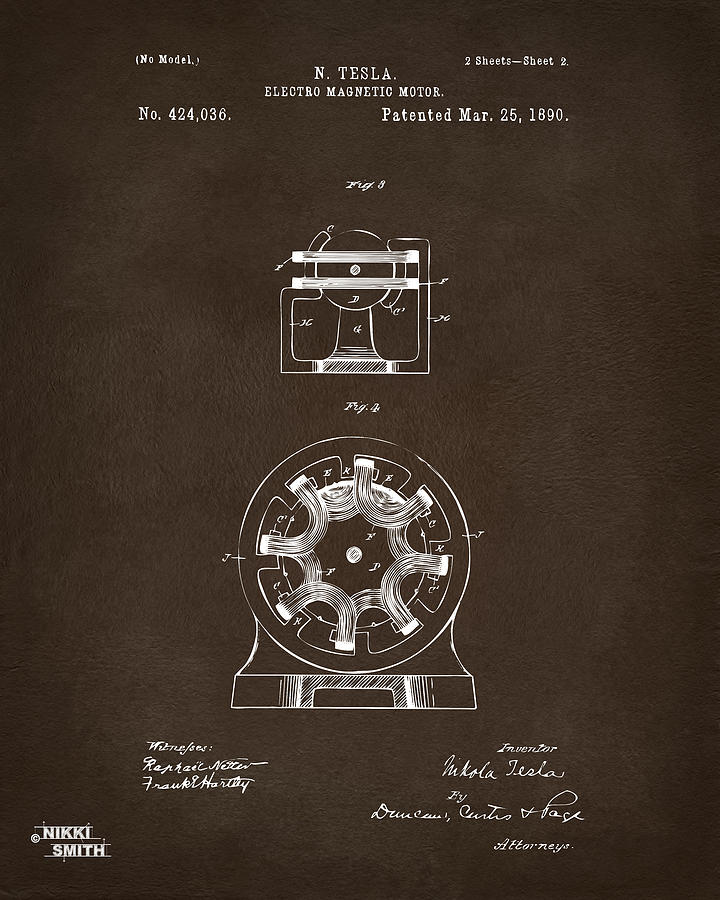1890 Tesla Motor Patent Espresso Digital Art by Nikki Marie Smith