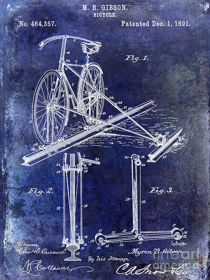 Vintage Drawing - 1891 Bicycle Patent Drawing Blue by Jon Neidert