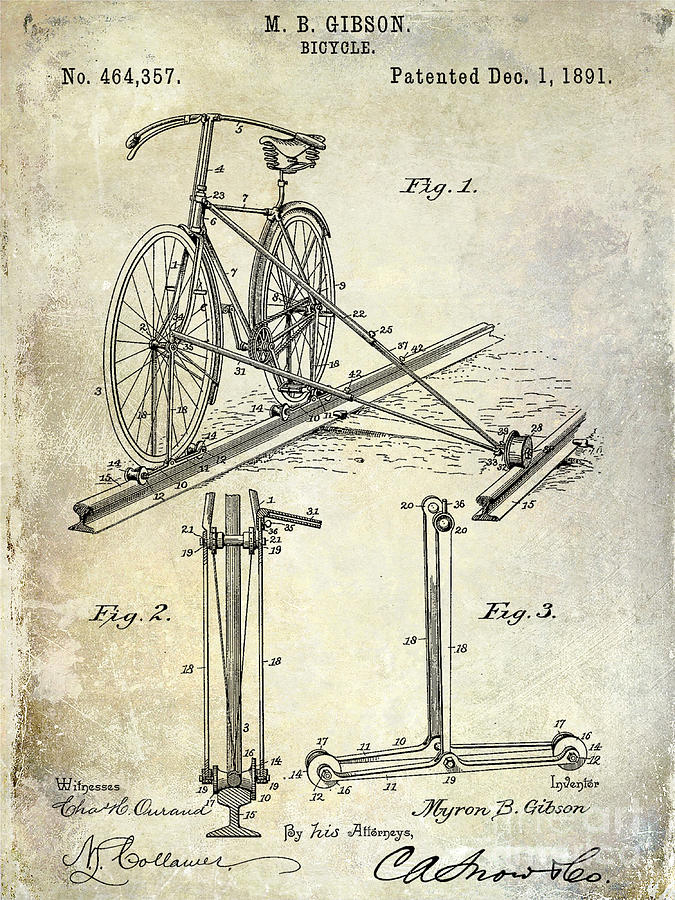 Vintage Drawing - 1891 Bicycle Patent Drawing by Jon Neidert