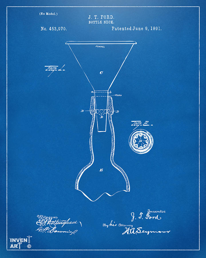 Beer Digital Art - 1891 Bottle Neck Patent Artwork Blueprint by Nikki Marie Smith