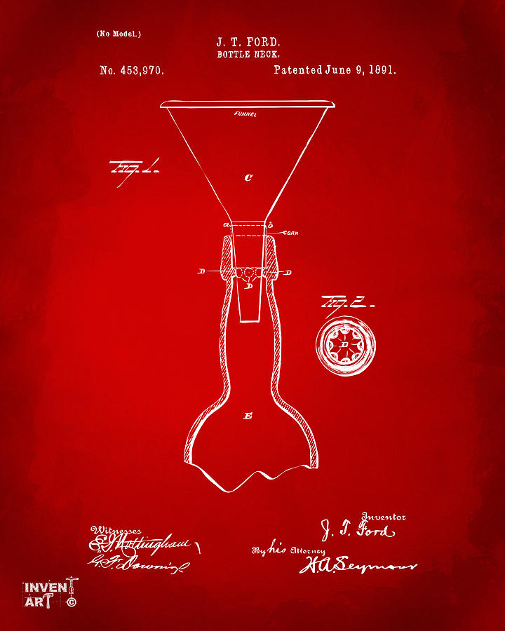 Beer Digital Art - 1891 Bottle Neck Patent Artwork Red by Nikki Marie Smith