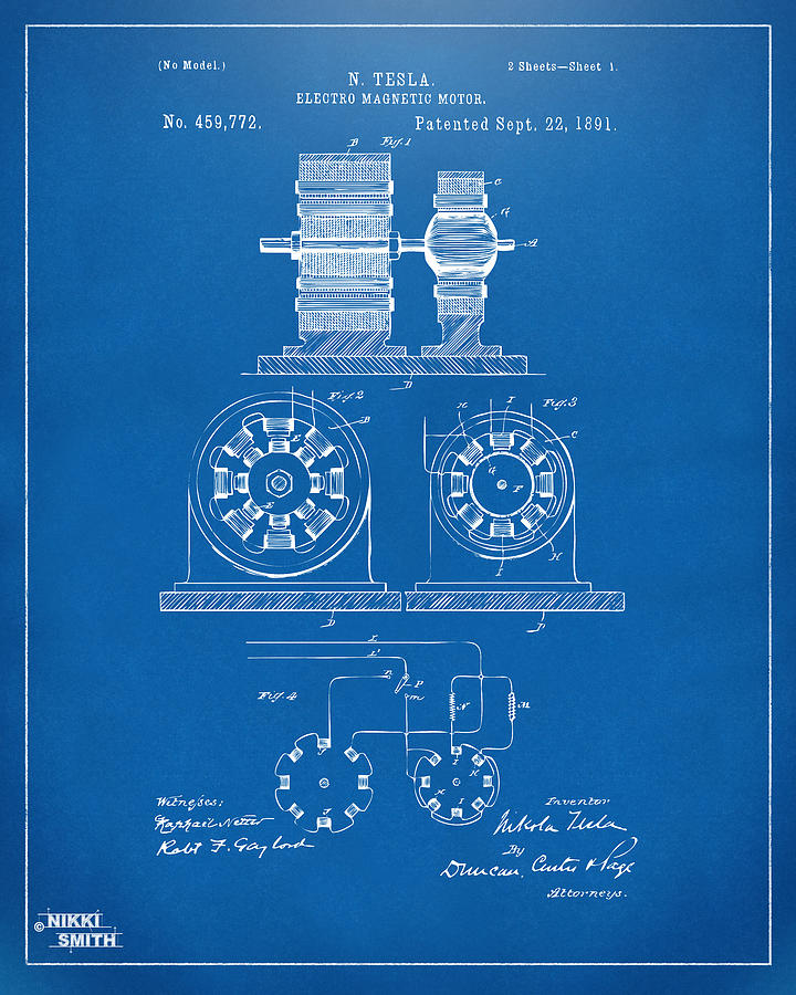 Vintage Digital Art - 1891 Tesla Electro Magnetic Motor Patent - Blueprint by Nikki Marie Smith