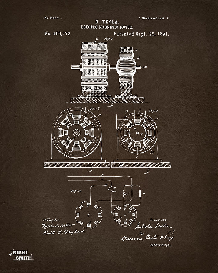 1891 Tesla Electro Magnetic Motor Patent Espresso Digital Art by Nikki Marie Smith