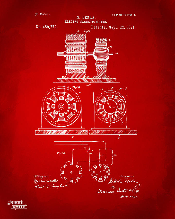 1891 Tesla Electro Magnetic Motor Patent - Red Digital Art by Nikki Marie Smith