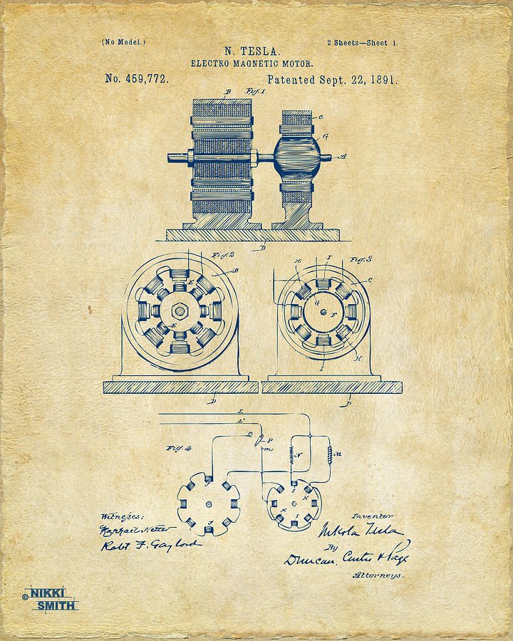 1891 Tesla Electro Magnetic Motor Patent - Vintage Digital Art by Nikki Marie Smith