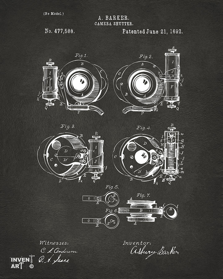 1892 Barker Camera Shutter Patent Gray Digital Art by Nikki Marie Smith