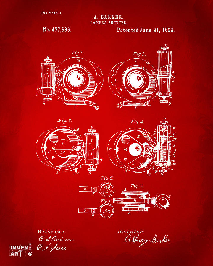 1892 Barker Camera Shutter Patent Red Digital Art by Nikki Marie Smith