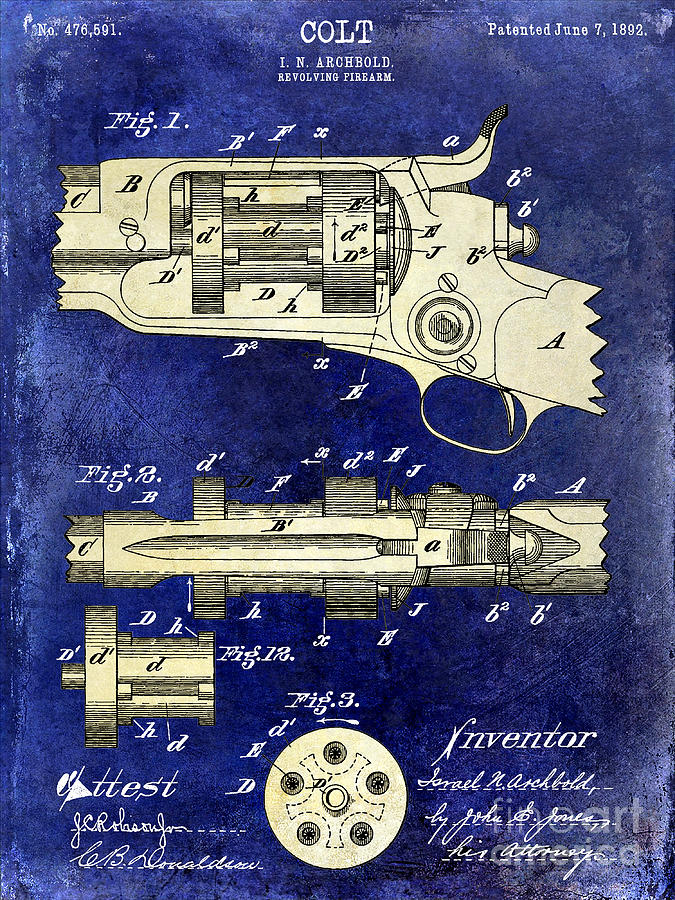 1892 Colt Patent Drawing Blue 2 Tone Photograph by Jon Neidert