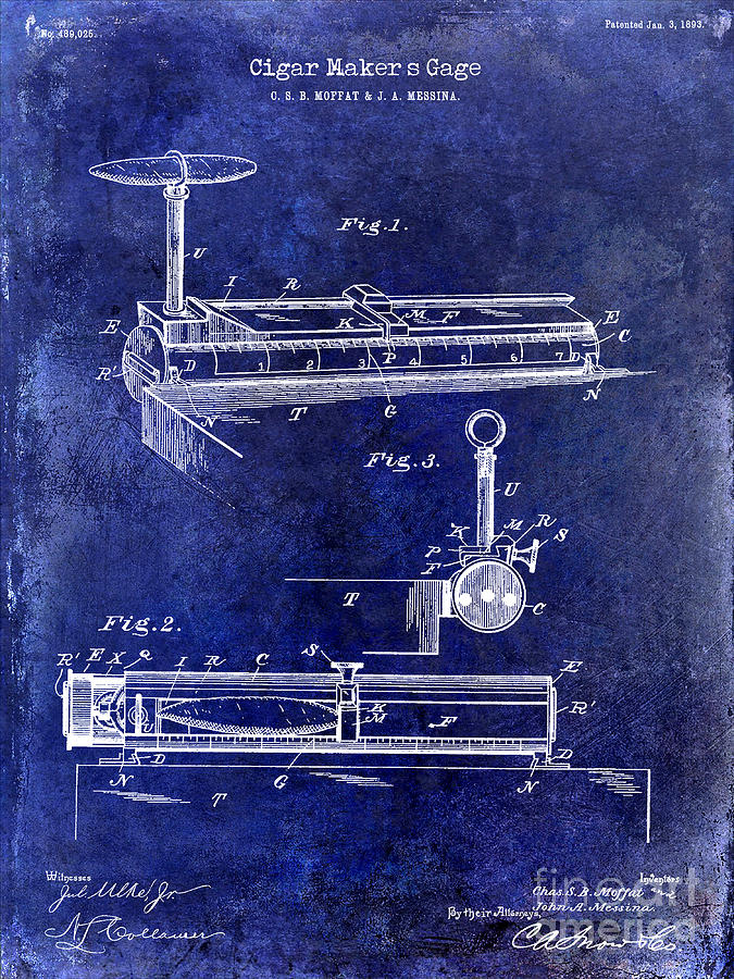 1893 Cigar Makers Gage Patent Drawing Blue Photograph by Jon Neidert