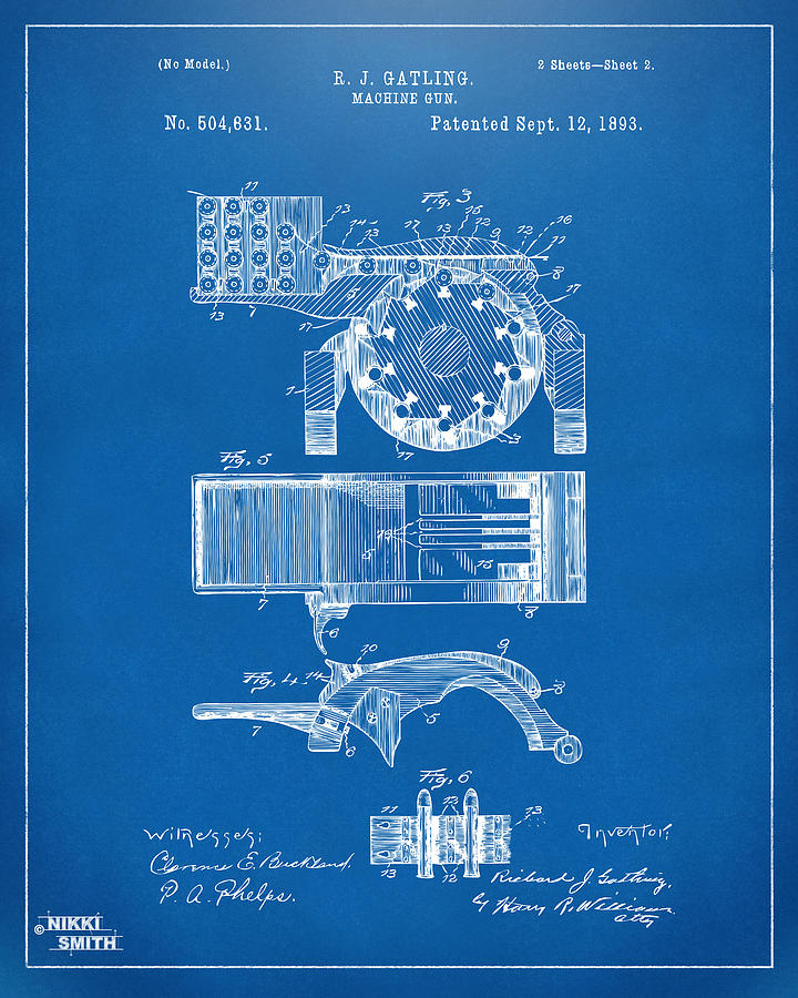 1893 Gatling Machine Gun Feed Patent Artwork - Blueprint Digital Art by Nikki Marie Smith
