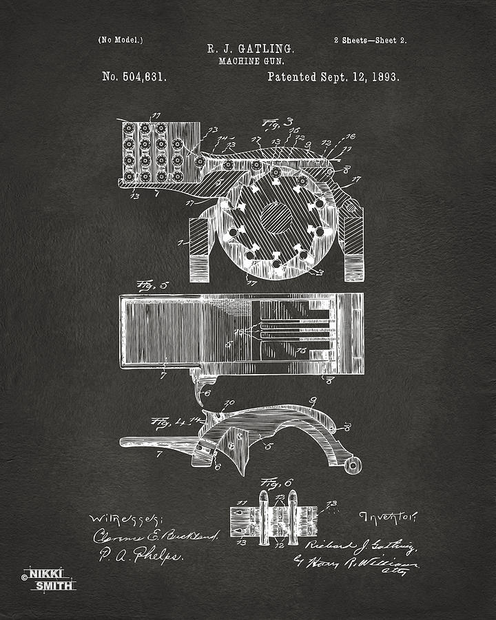 1893 Gatling Machine Gun Feed Patent Artwork - Gray Digital Art by Nikki Marie Smith
