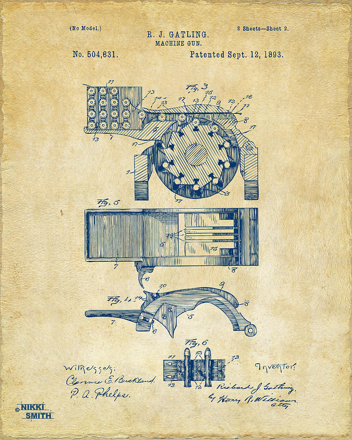 Vintage Digital Art - 1893 Gatling Machine Gun Feed Patent Artwork - Vintage by Nikki Marie Smith