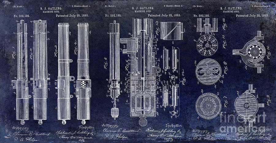 1893 Gatling Machine Gun Patent Drawing Blue Photograph by Jon Neidert