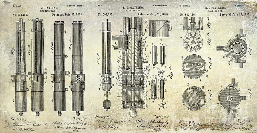 Machine Gun Photograph - 1893 Gatling Machine Gun Patent Drawing by Jon Neidert