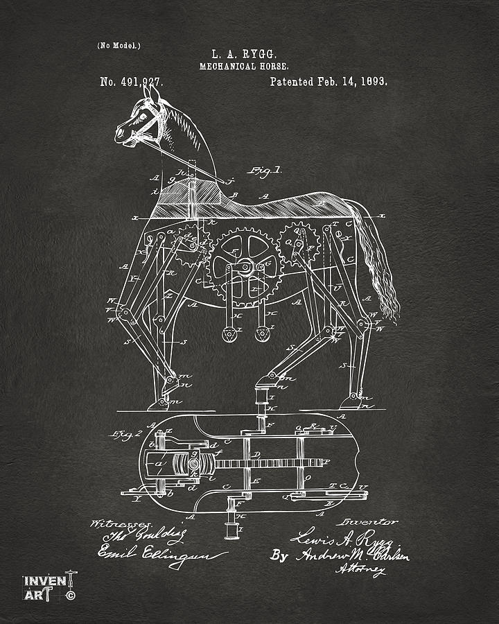 1893 Mechanical Horse Toy Patent Artwork Gray Digital Art by Nikki Marie Smith