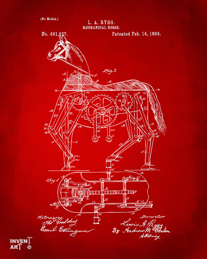 Sports Digital Art - 1893 Mechanical Horse Toy Patent Artwork Red by Nikki Marie Smith