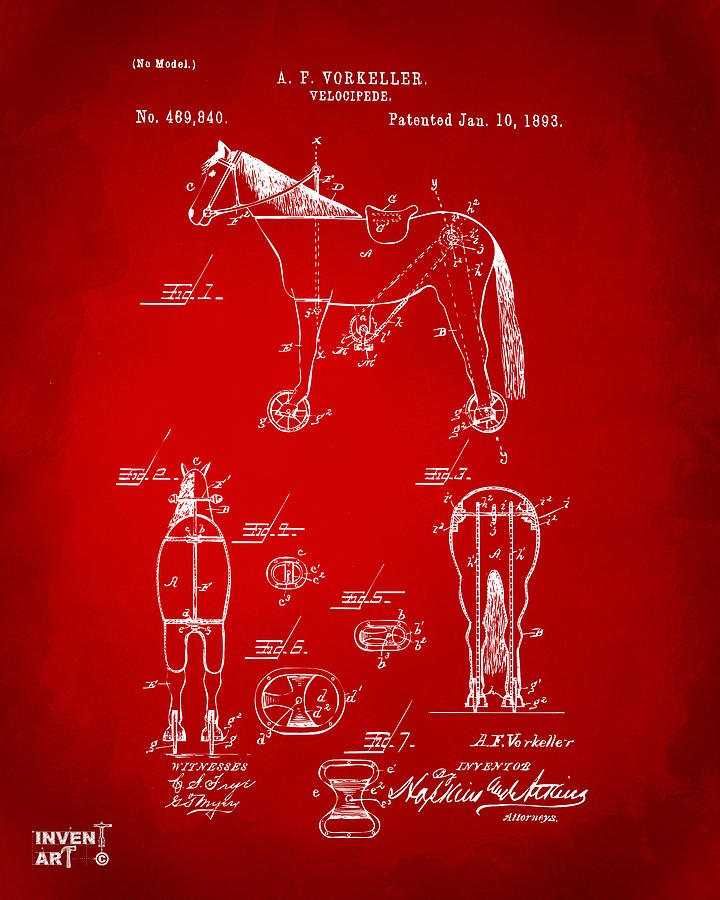 Sports Digital Art - 1893 Velocipede Horse-Bike Patent Artwork Red by Nikki Marie Smith