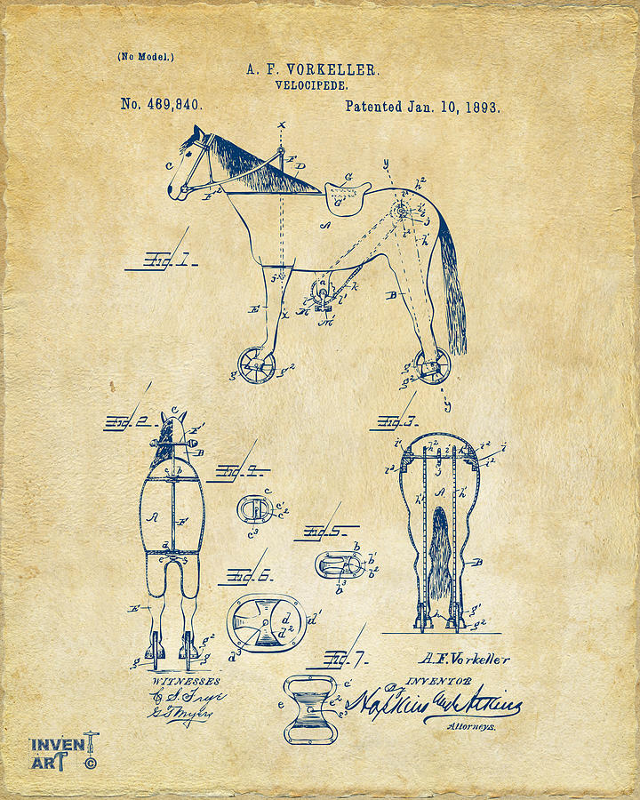 Sports Digital Art - 1893 Velocipede Horse-Bike Patent Artwork Vintage by Nikki Marie Smith