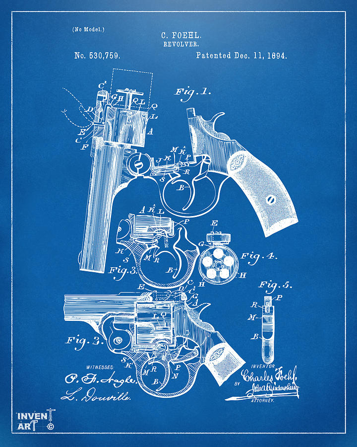 Vintage Digital Art - 1894 Foehl Revolver Patent Artwork - Blueprint by Nikki Marie Smith