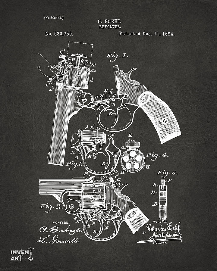 Revolver Digital Art - 1894 Foehl Revolver Patent Artwork - Gray by Nikki Marie Smith Revolver Digital Art - 1894 Foehl Revolver Patent Artwork - Gray by Nikki Marie Smith