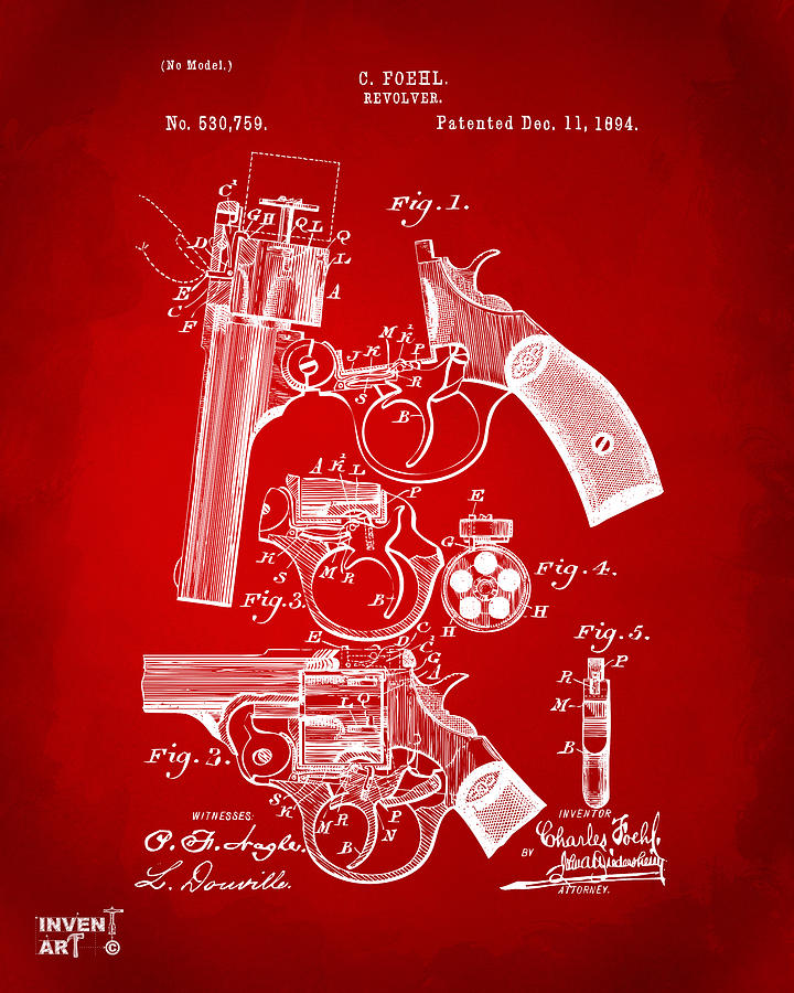 Vintage Digital Art - 1894 Foehl Revolver Patent Artwork - Red by Nikki Marie Smith