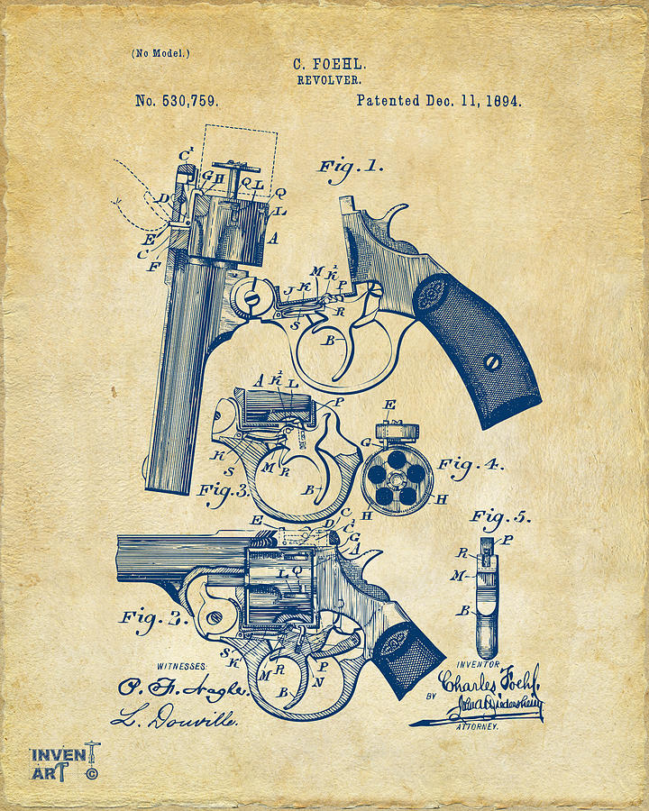 Vintage Digital Art - 1894 Foehl Revolver Patent Artwork - Vintage by Nikki Marie Smith