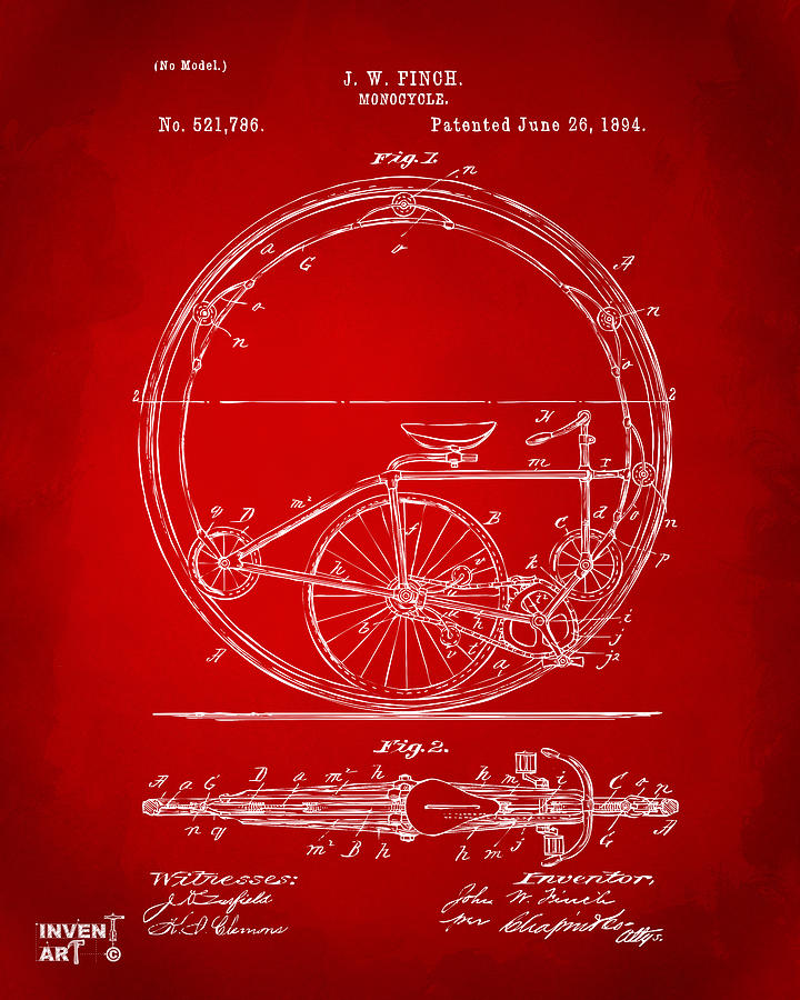 1894 Monocycle Patent Artwork Red Digital Art by Nikki Marie Smith