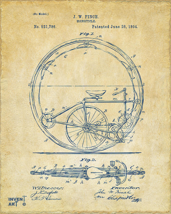 Sports Digital Art - 1894 Monocycle Patent Artwork Vintage by Nikki Marie Smith