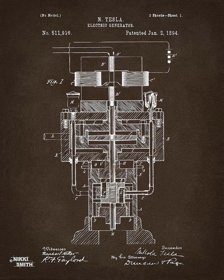1894 Tesla Electric Generator Patent Espresso Digital Art by Nikki Marie Smith