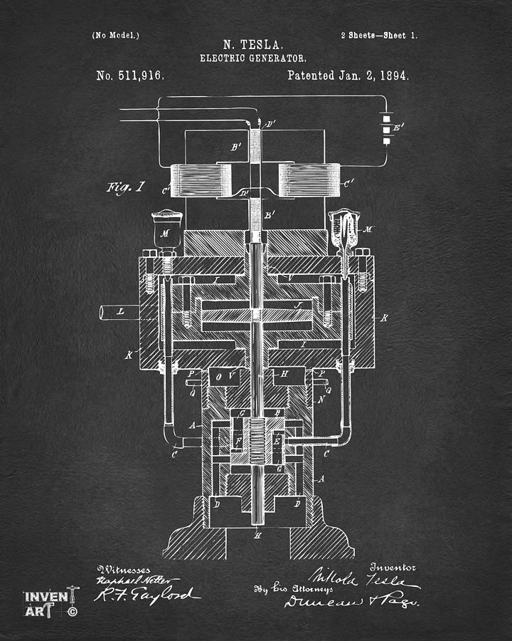 1894 Tesla Electric Generator Patent Gray Digital Art by Nikki Marie Smith