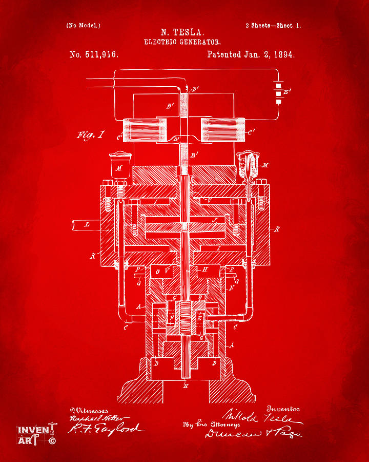 1894 Tesla Electric Generator Patent Red Digital Art by Nikki Marie Smith