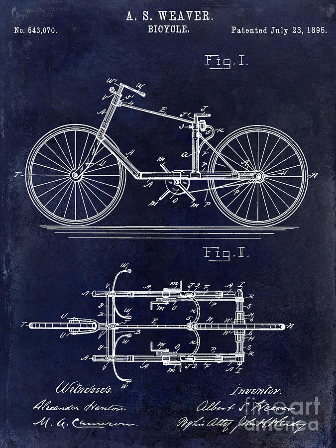 Vintage Photograph - 1895 Bicycle Patent Drawing Blue by Jon Neidert