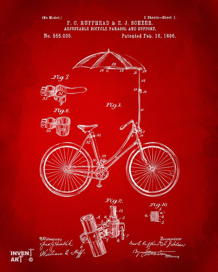 1896 Bicycle Parasol Patent Artwork Red Digital Art by Nikki Marie Smith