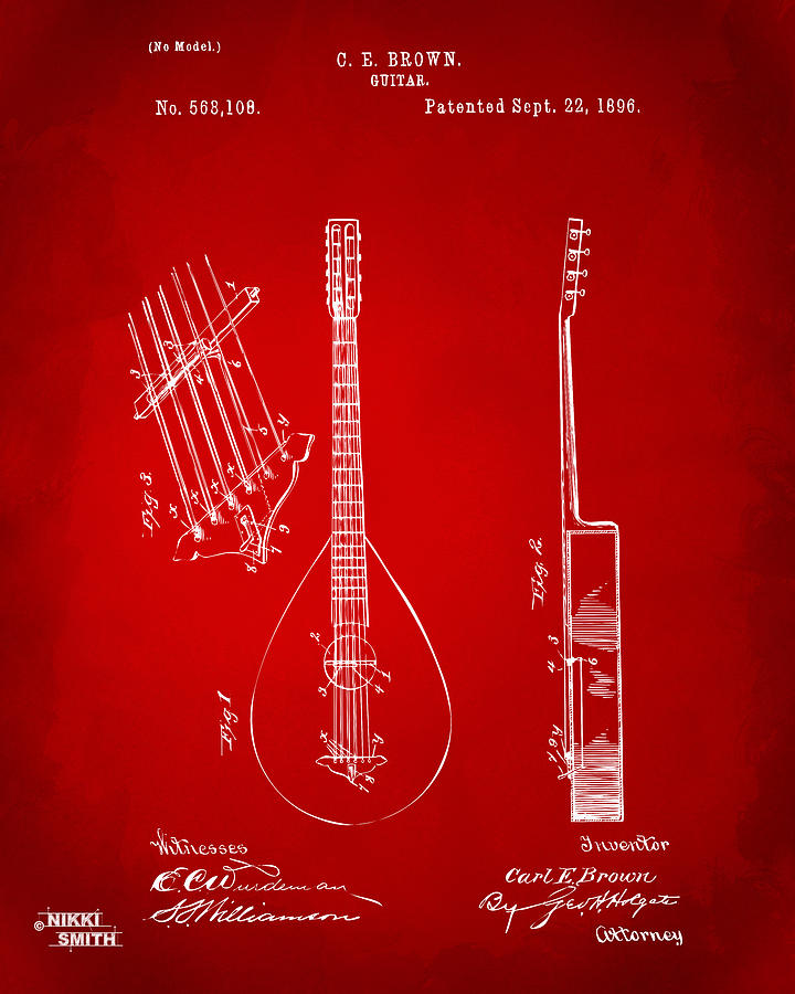 Music Drawing - 1896 Brown Guitar Patent Artwork - Red by Nikki Marie Smith