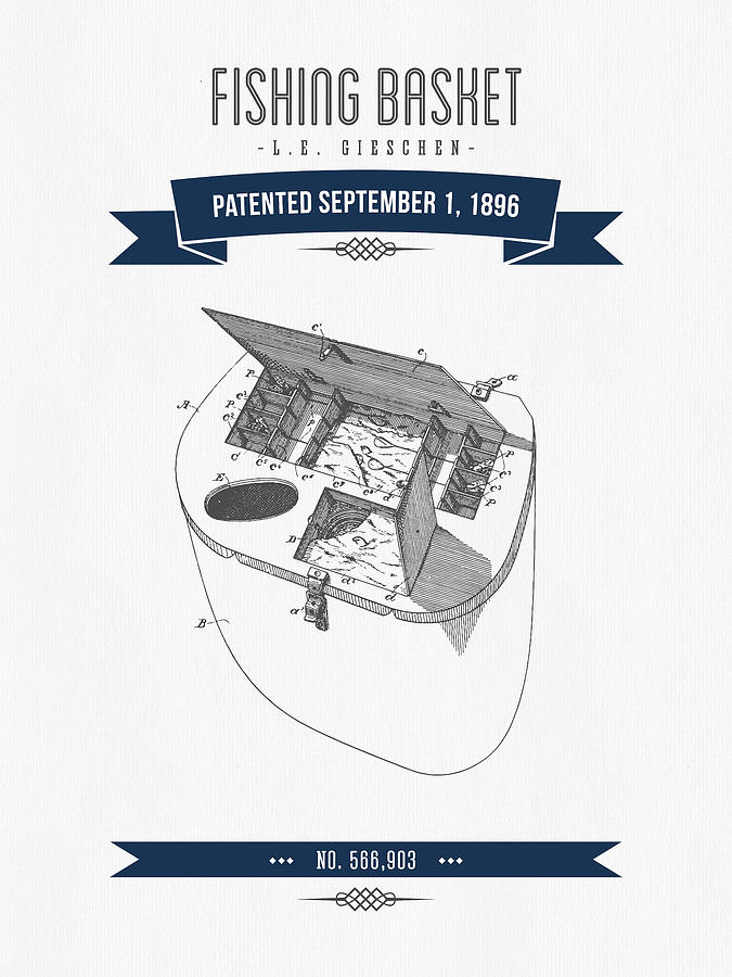 Fish Digital Art - 1896 Fishing Basket Patent Drawing - Navy Blue by Aged Pixel