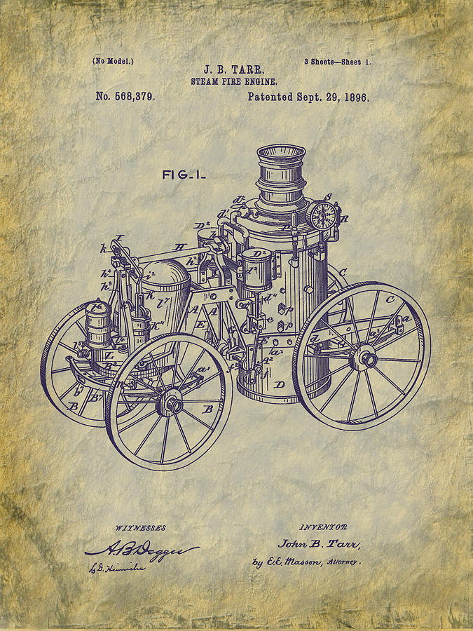 1896 Tarr Steam Fire Engine Patent Art Digital Art by Barry Jones