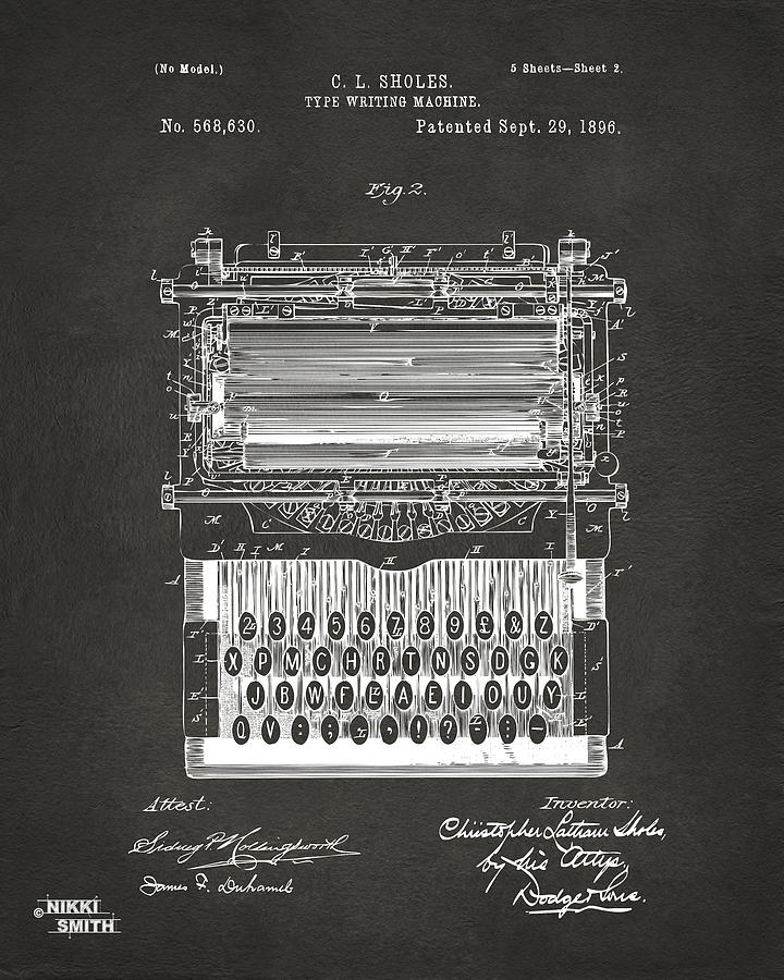 1896 Type Writing Machine Patent Artwork - Gray Digital Art by Nikki Marie Smith