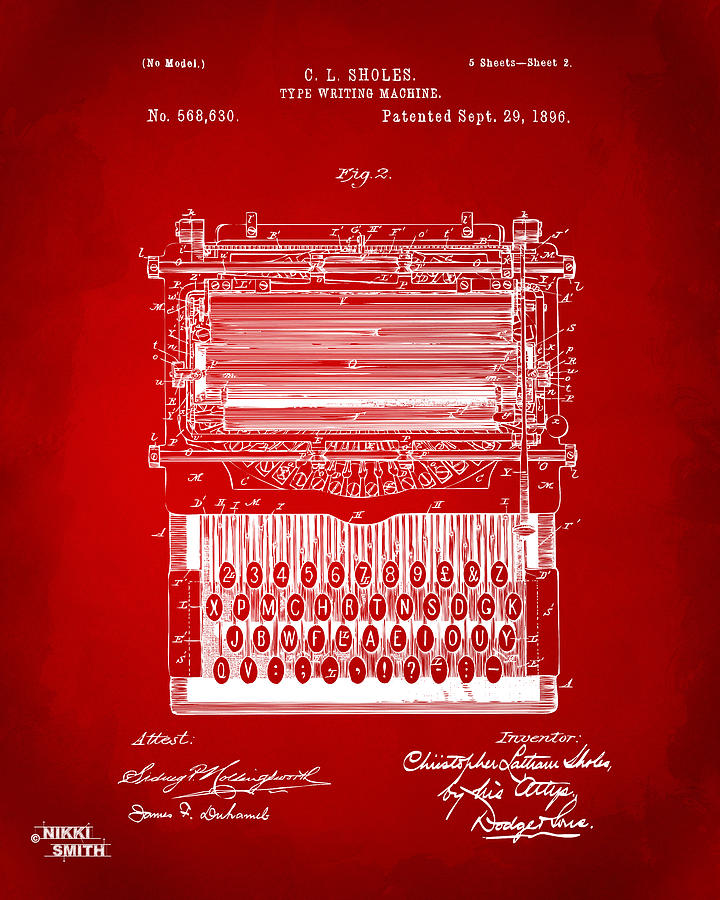 1896 Type Writing Machine Patent Artwork - Red Digital Art by Nikki Marie Smith