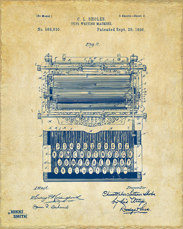 1896 Type Writing Machine Patent Artwork - Vintage Digital Art by Nikki Marie Smith